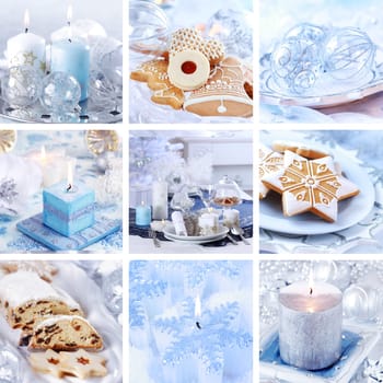 Collection of nine still live photos for Christmas in white and blue tone