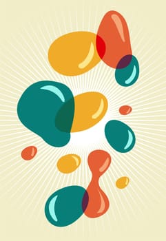Retro style bubbles vector illustration over rays background.