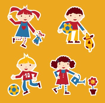 Cute modern style illustration of children playing with their favourite toy