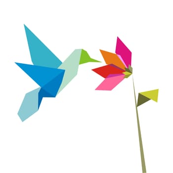 Origami pastel colors hummingbird and flower on white background. Vector file available.