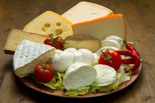 Various types of cheese on wooden board