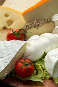 Various types of cheese on wooden board