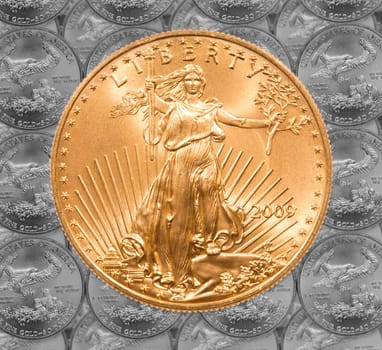Black and white rendition of Gold Eagle one ounce coins in a patterns and stacked on each row with a single Liberty coin on the top
