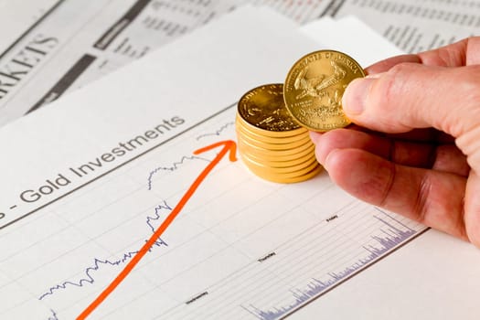 Gold Eagle one ounce coins stacked into graph of gold prices on business pages of newspaper with graphs showing increase in value and hand counting out the money