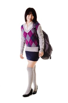 Female Chinese student with a backpack on a white background.