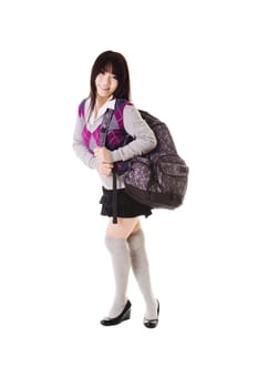 Female Chinese student with a backpack on a white background.