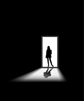 woman enters a dark room, to illustrate concept of unknown and fear
