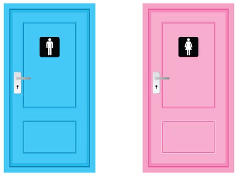 toilet sign on doors, blue and pink colour.