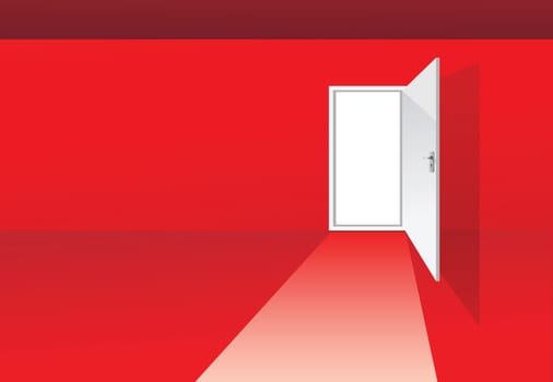 illustrations of a red room with opened door
