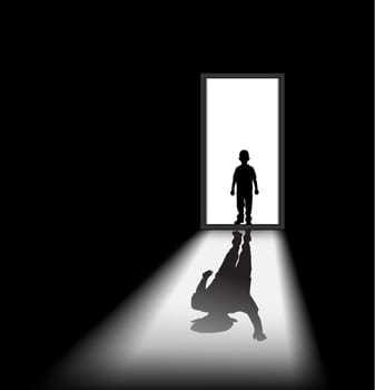 to illustrate a nightmare of kid, the shadow of himself is waving at him.