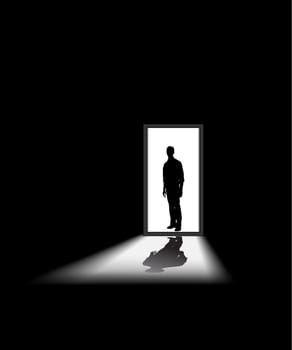 man enters a dark room, to illustrate concept of unknown and fear