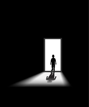 kid enters a dark room, to illustrate concept of unknown and fear