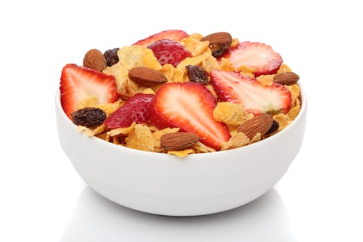 Delicious breakfast with cornflakes and fruits, over white