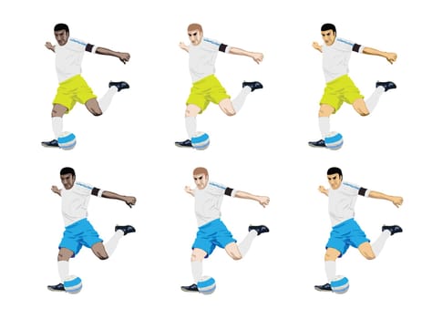 set of soccer players for caucasian, african, and asian lookalike.