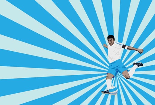 vector illustration of a soccer player trying to score, with ray burst background