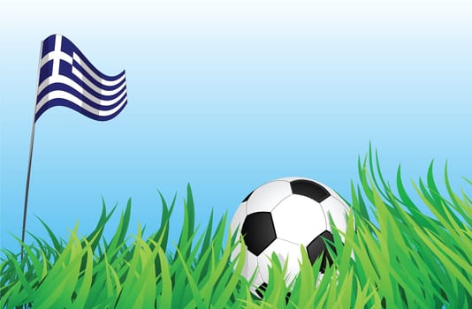 An illustrations of soccer ball, with a greece flag waving at the background.