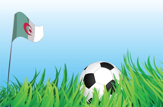 An illustrations of soccer ball, with a algeria flag waving at the background.