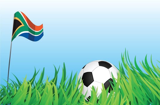An illustrations of soccer ball, with a south africa flag waving at the background.