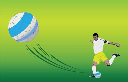 A player is kicking a soccer ball. Vector format.