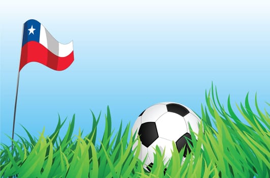 An illustrations of soccer ball, with a chile flag waving at the background.