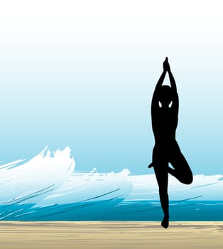 woman is practising yoga with a waves background