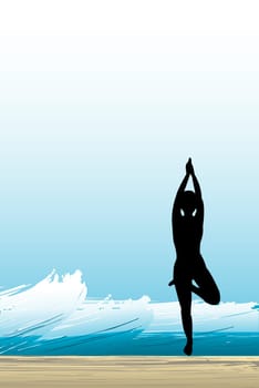 woman is practising yoga with a waves background