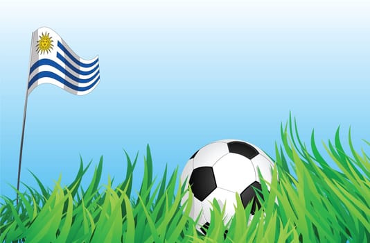 An illustrations of soccer ball, with a uruguay flag waving at the background.