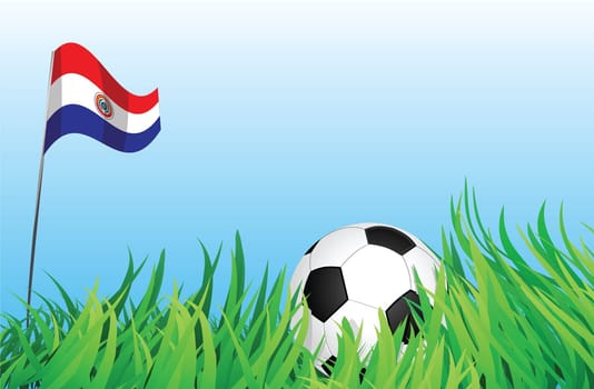 An illustrations of soccer ball, with a paraguay flag waving at the background.