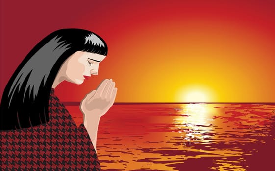 A woman is praying at sunset, vector format.