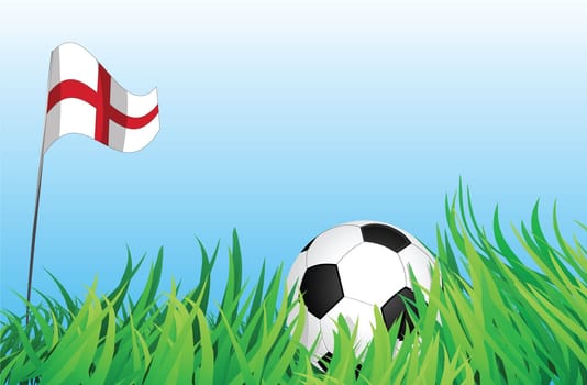 An illustrations of soccer ball, with england flag waving at the background.