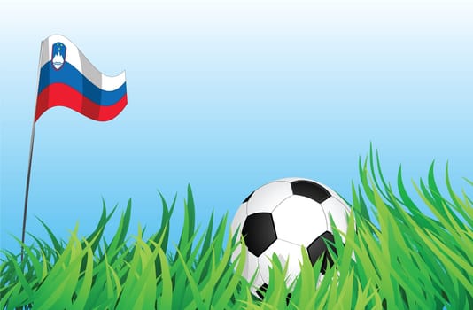 An illustrations of soccer ball, with a slovenia flag waving at the background.