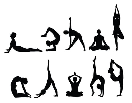 yoga pose silhouettes, in various poses. Vector format.