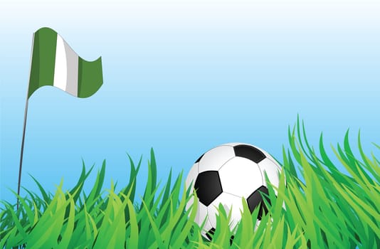 An illustrations of soccer ball, with a nigeria flag waving at the background.