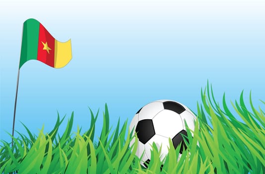 An illustrations of soccer ball, with a cameroon flag waving at the background.