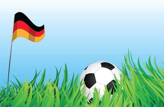 An illustrations of soccer ball, with a germany flag waving at the background.