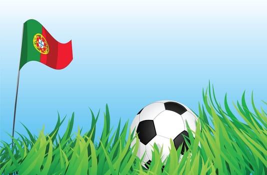 An illustrations of soccer ball, with a portugal flag waving at the background.