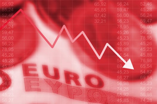 arrow graph going down and euro currency in background