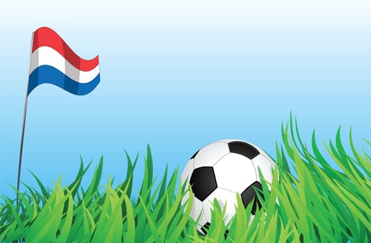 An illustrations of soccer ball, with a netherlands flag waving at the background.