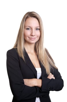 Young successful businesswoman in black suit