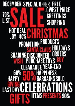 christmas sale background with montages of keywords.