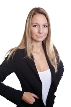 Young successful businesswoman in black suit