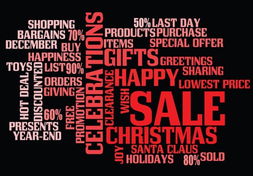 christmas sale background with montages of keywords.