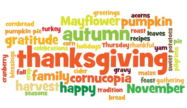 thanksgiving background, with random layout of thanksgiving words.