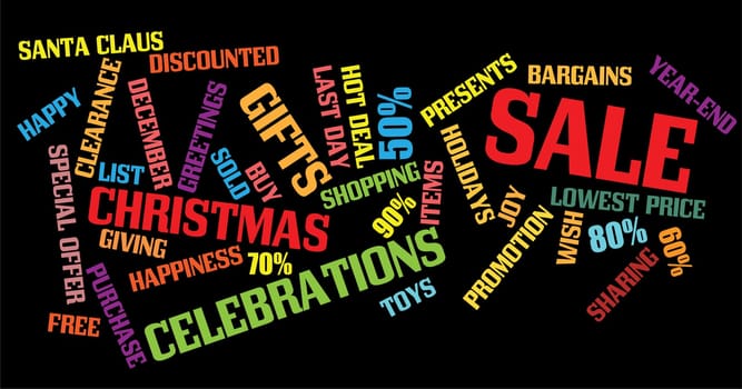 christmas sale background with montages of keywords.