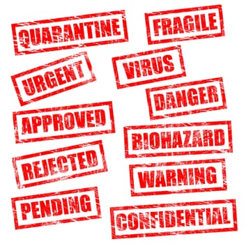 stamps in grunge style, looks like had been used in tough environment. Vector forms, isolated on white.