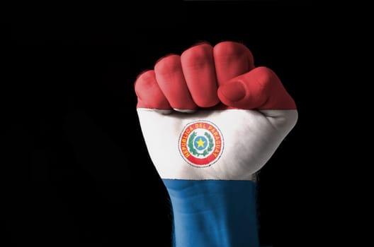Low key picture of a fist painted in colors of paraguay flag