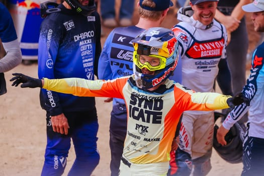 MAYDENA, AUSTRALIA - FEBRUARY 08: Jackson GOLDSTONE of Canada celebrates winning Red Bull Hardline Tasmania on February 8, 2025 in Maydena, Australia.