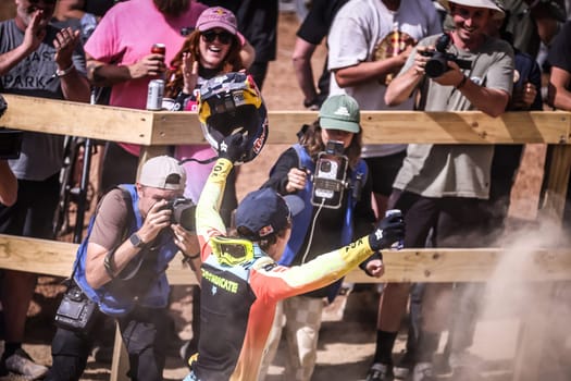 MAYDENA, AUSTRALIA - FEBRUARY 08: Jackson GOLDSTONE of Canada celebrates winning Red Bull Hardline Tasmania on February 8, 2025 in Maydena, Australia.