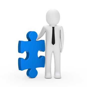 3d business man hold a puzzle blue