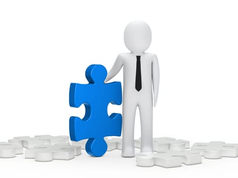 3d business man hold a puzzle blue